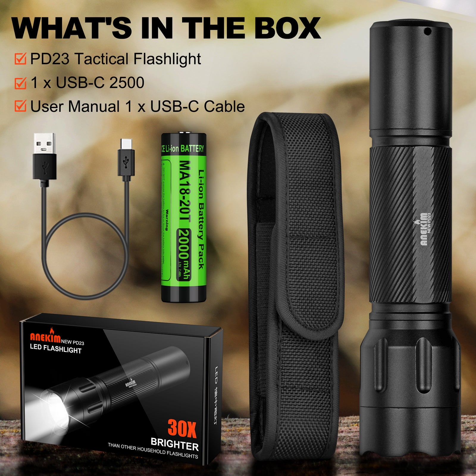 ANEKIM PD23 Mini Tactical Flashlight -1200 lumens rechargeable, suitable for outdoor activities and emergency use